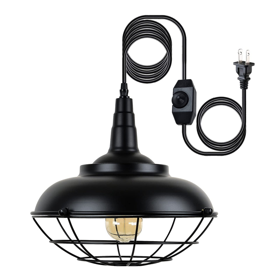 HMVPL plug-in hanging light with black cage close-up for ambient room lighting