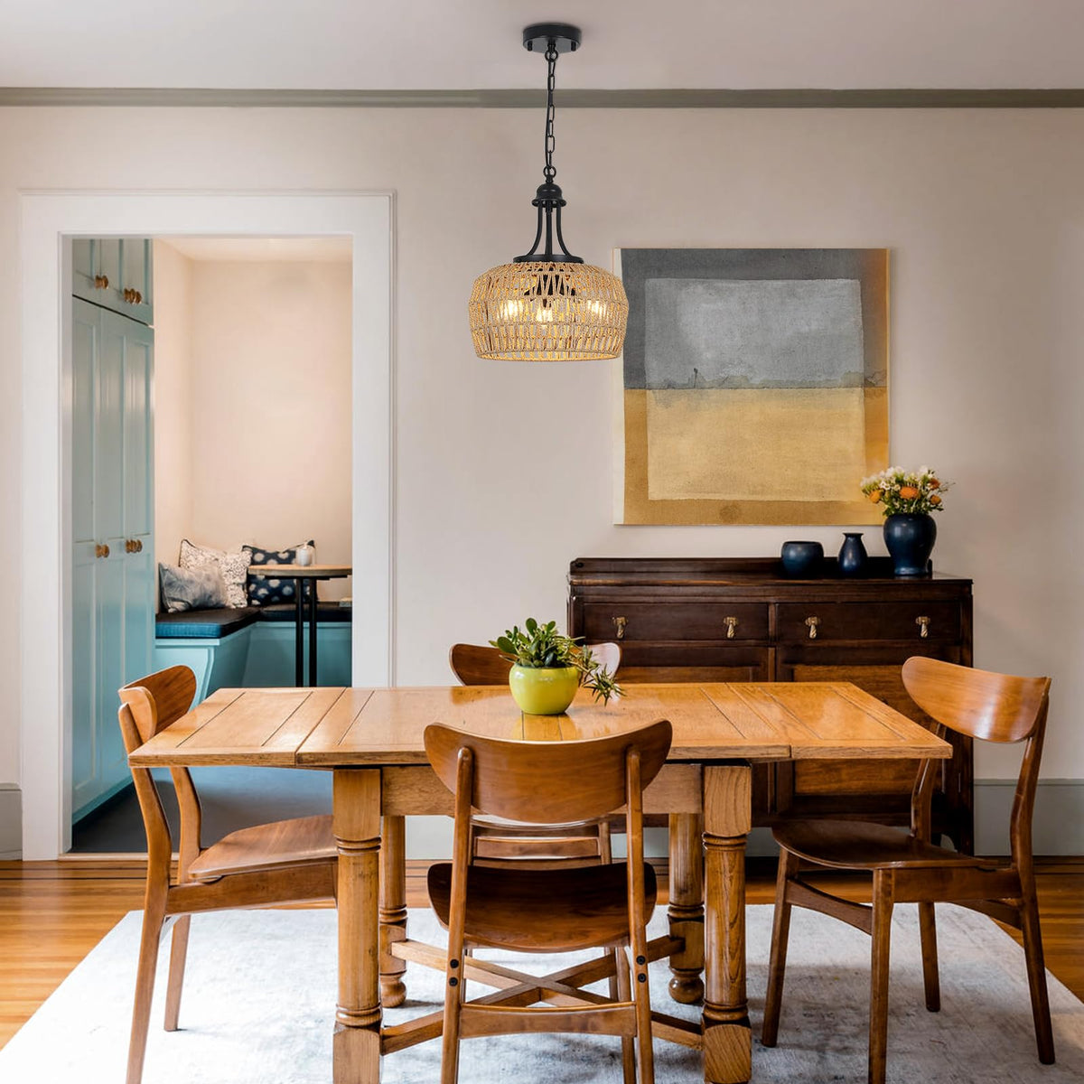 HMVPL rattan pendant installation demonstrates easy hardwired setup.