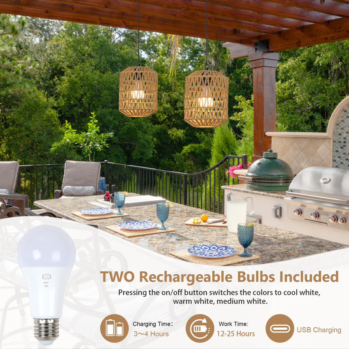 HMVPL rechargeable bulbs included for cordless illumination.