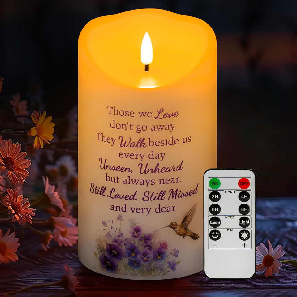 HN HAIINAA hummingbird memorial candle on a mantel with soft glow