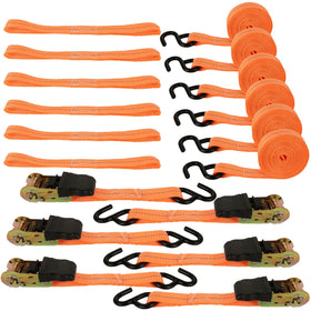 HNBun ratchet straps in use on a trailer securing lawn equipment