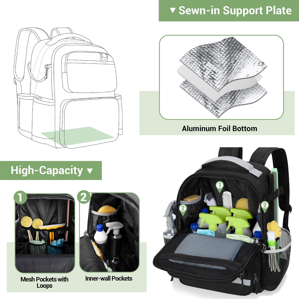 HODRANT cleaning backpack bottom plate provides sturdy support for heavier items.