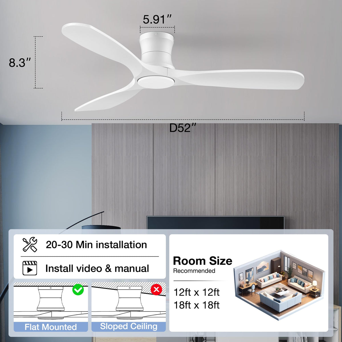 Hoenofly three white wood blades complement modern interiors.