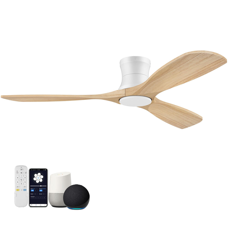Hoenofly 52in smart wood flush-mount fan with lights, ideal for living rooms