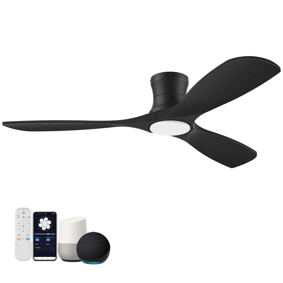Hoenofly 52-inch smart wood fan with lights for a living room.