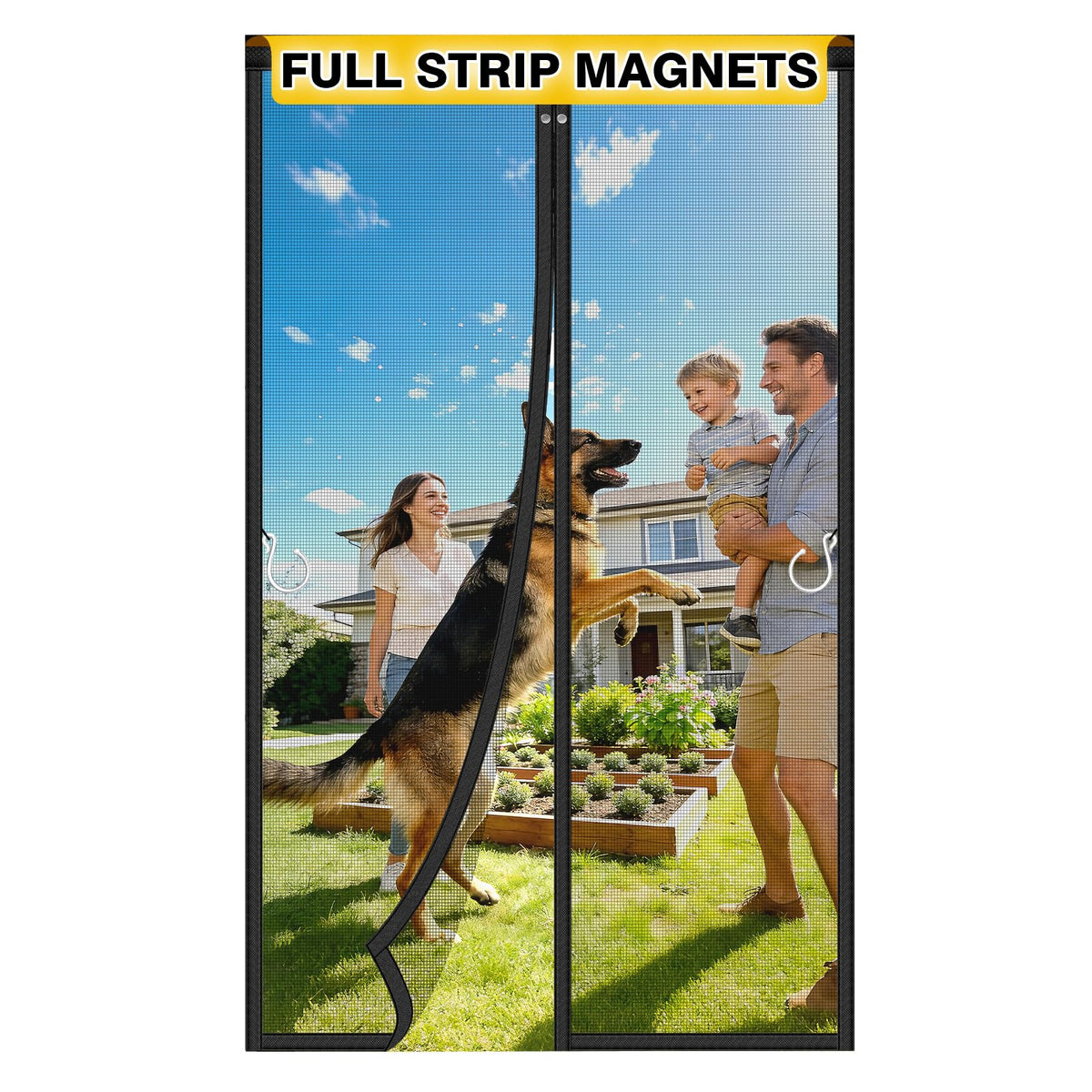 HOFUDON upgraded magnetic screen door with full-strip magnets offering seamless closure and easy entry.