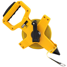 HOGARSWE open reel fiberglass tape measure showing full 100 ft length for outdoor layouts.