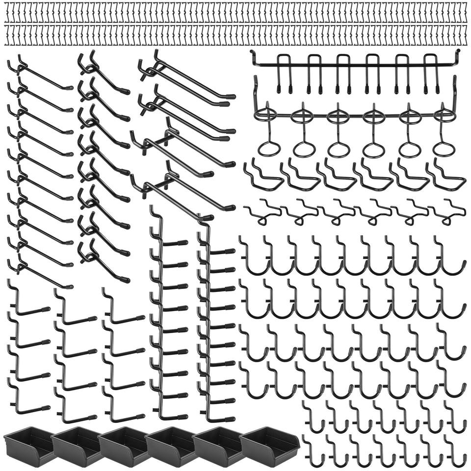 Hogurity pegboard hooks set in matte black for durable garage organization.