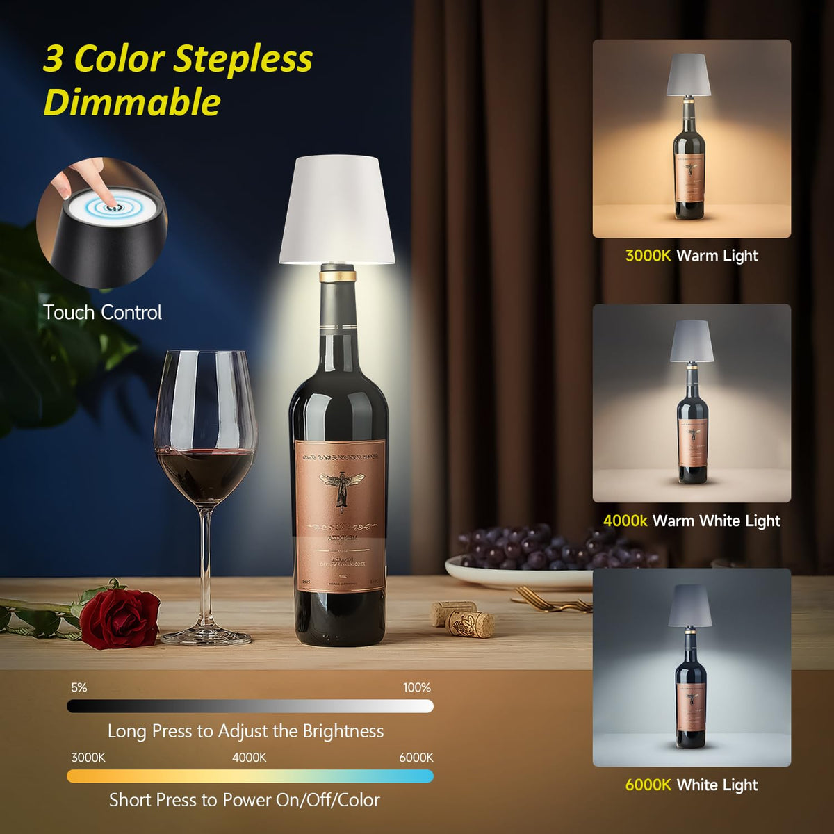 Hoide wireless bottle lamp showing 3-tone dimmable option for mood changes