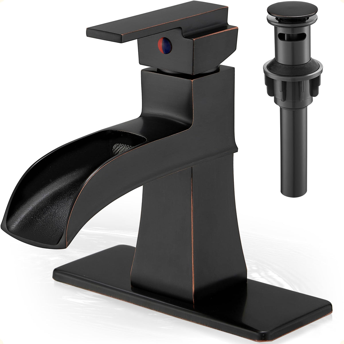 HOIGY brass waterfall faucet with a non-splash flow for a serene sink experience.
