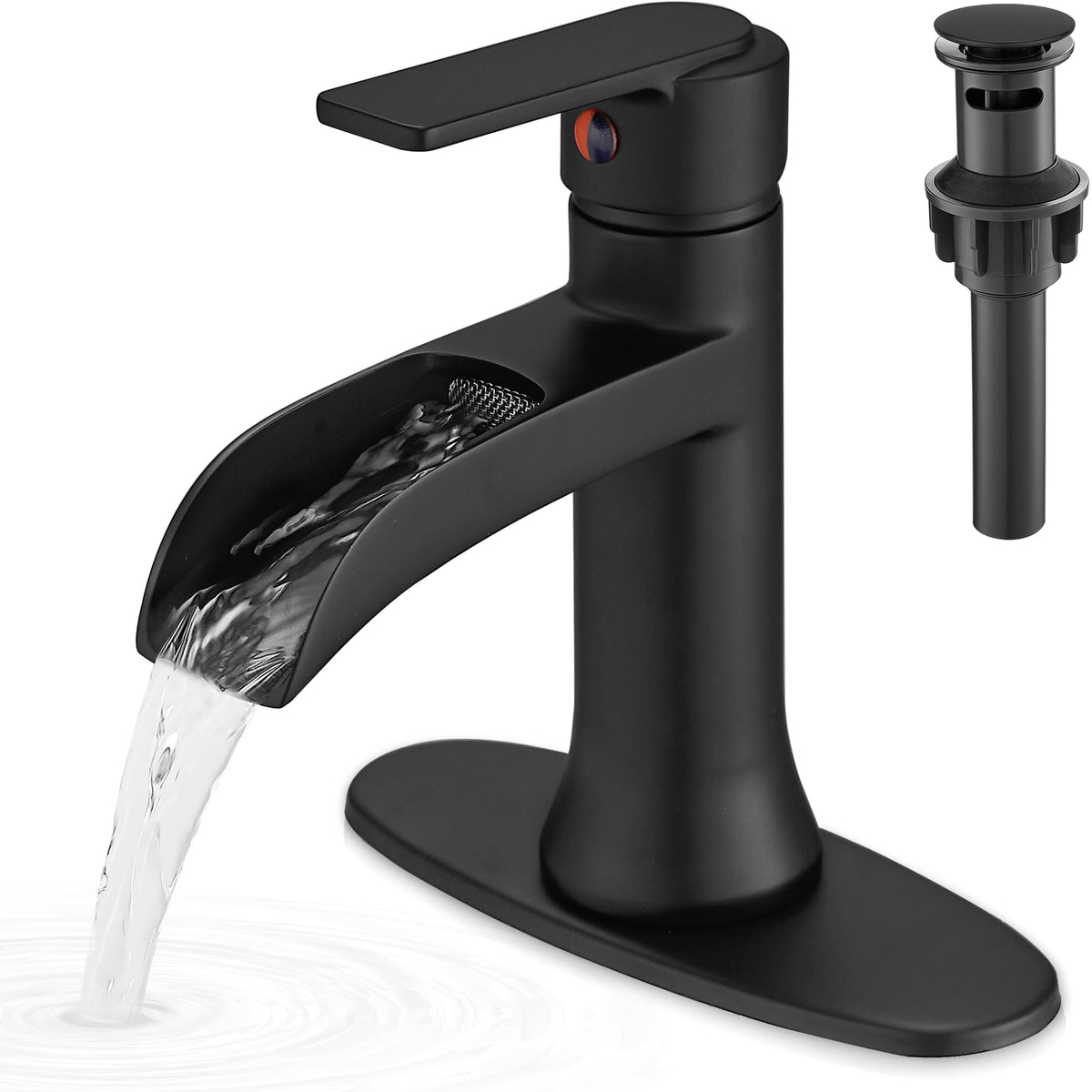 HOIGY matte black waterfall faucet spout creates a smooth, wide water arc for contemporary bathrooms.