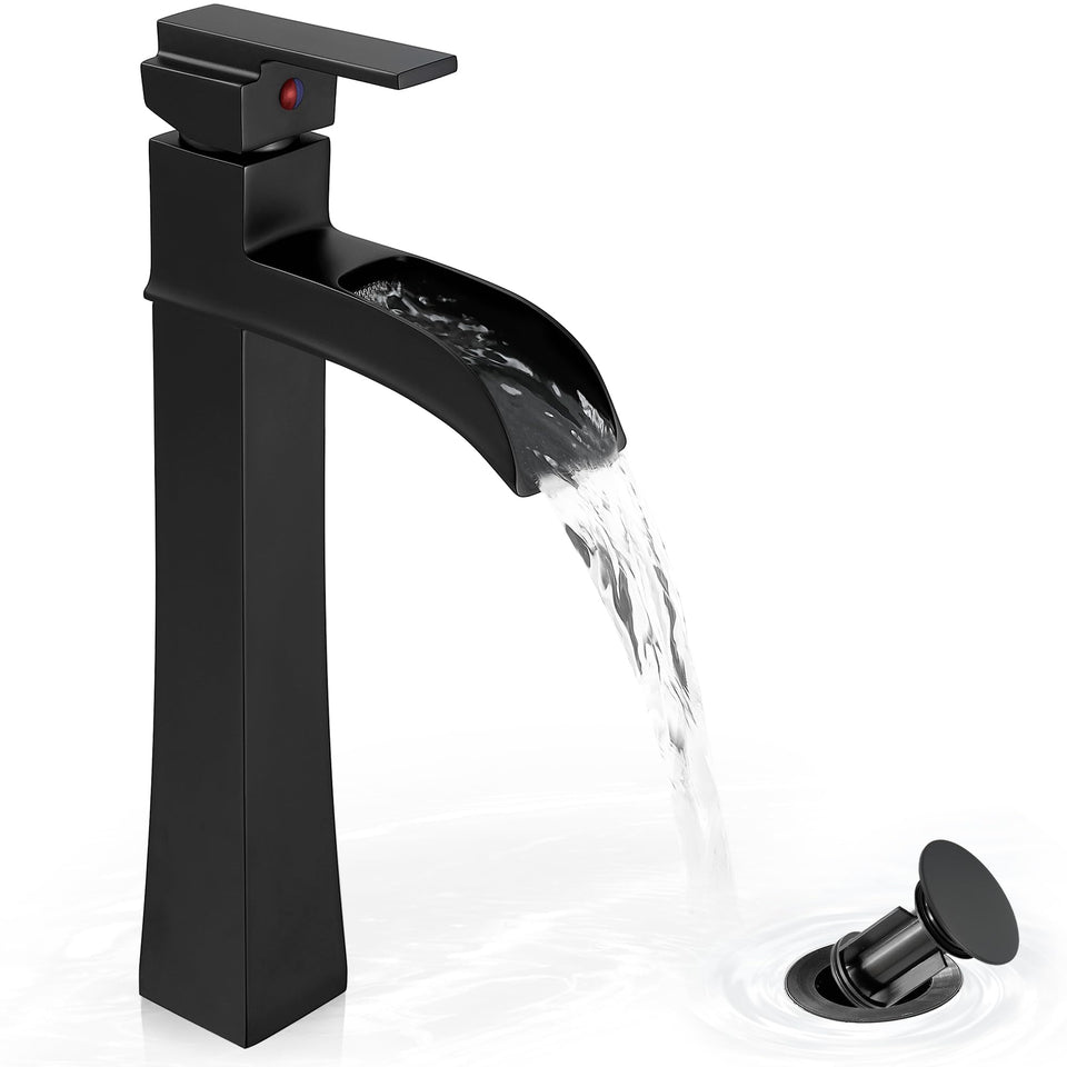 HOIGY vessel sink faucet with waterfall spout showing smooth, splash-free water flow.