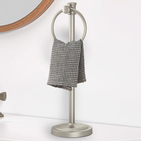 Hoimpro 17-inch stand towel holder with brushed nickel finish on a bathroom counter.