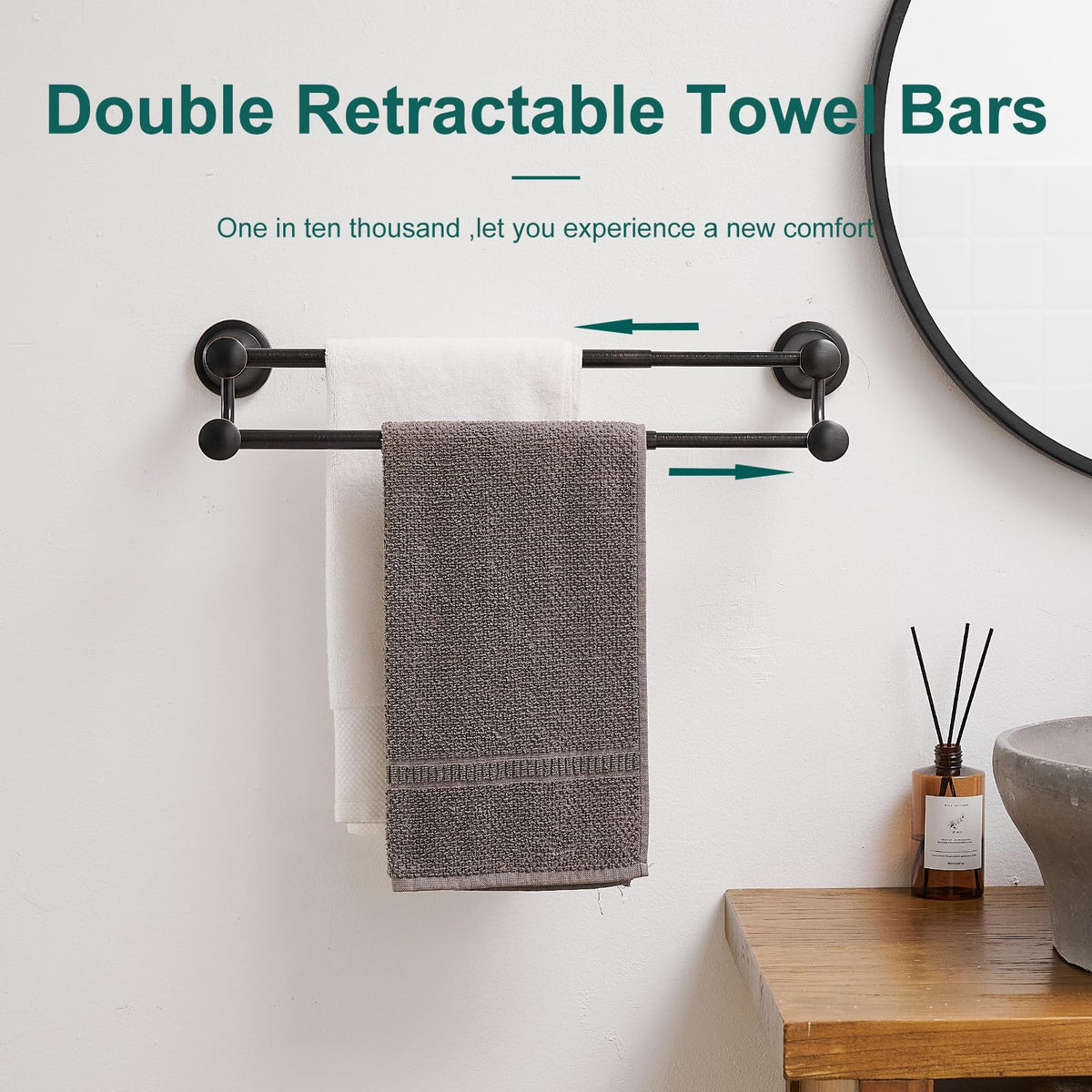 Hoimpro double towel bar provides two levels for efficient drying.