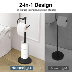 Hoimpro free-standing rack holding four rolls, ideal for busy bathrooms.