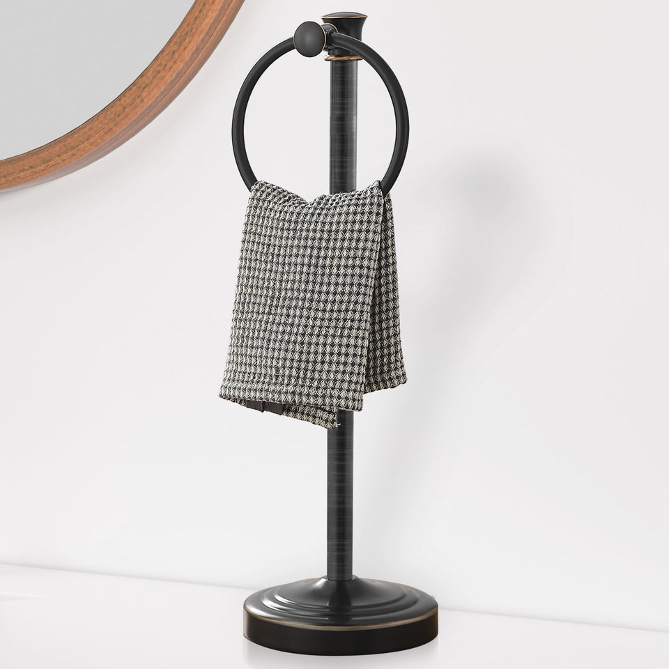 Hoimpro stand towel holder shown free-standing on a counter for flexible placement.