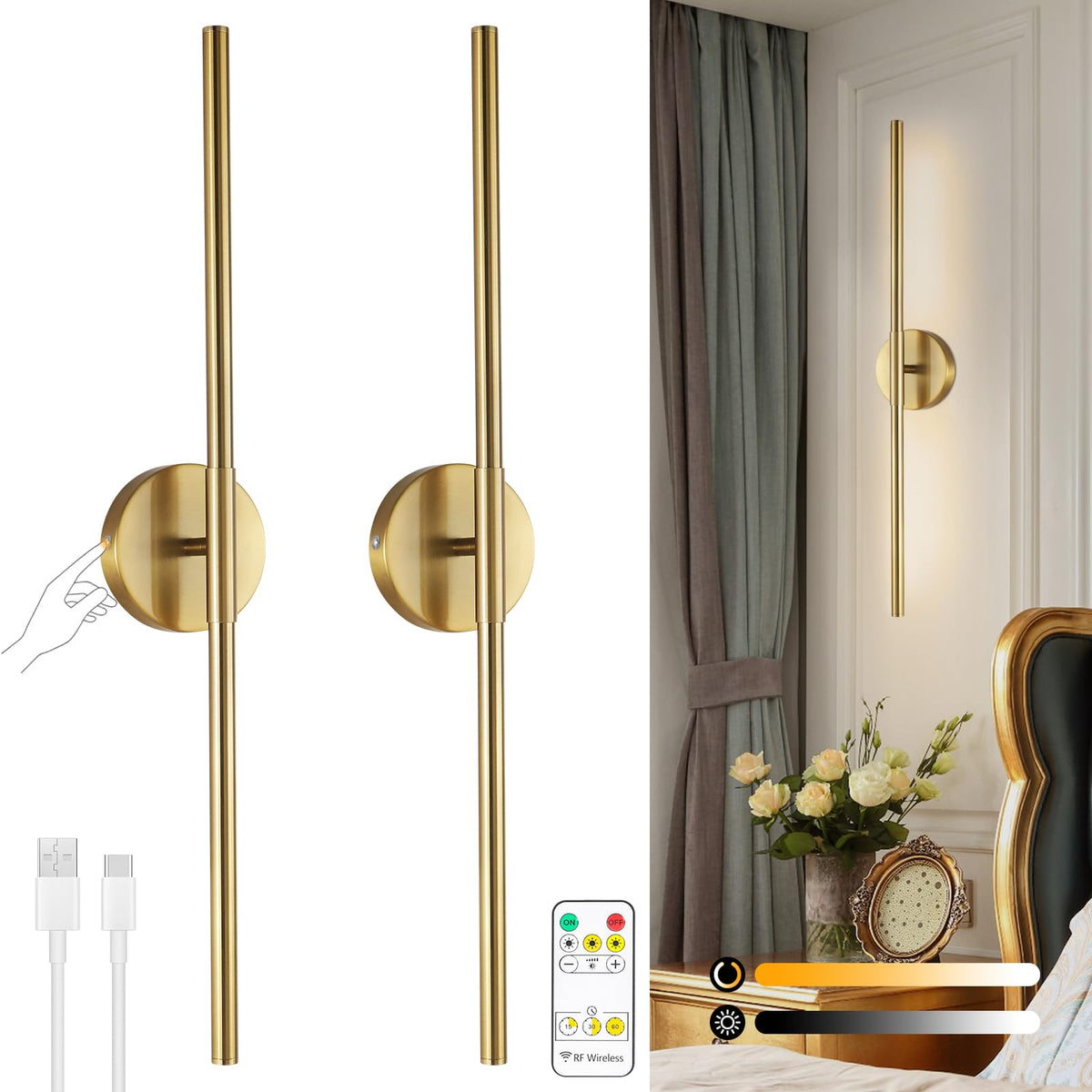 HOJOYRI wireless wall sconce in gold, angled view highlighting contemporary design and ambient lighting