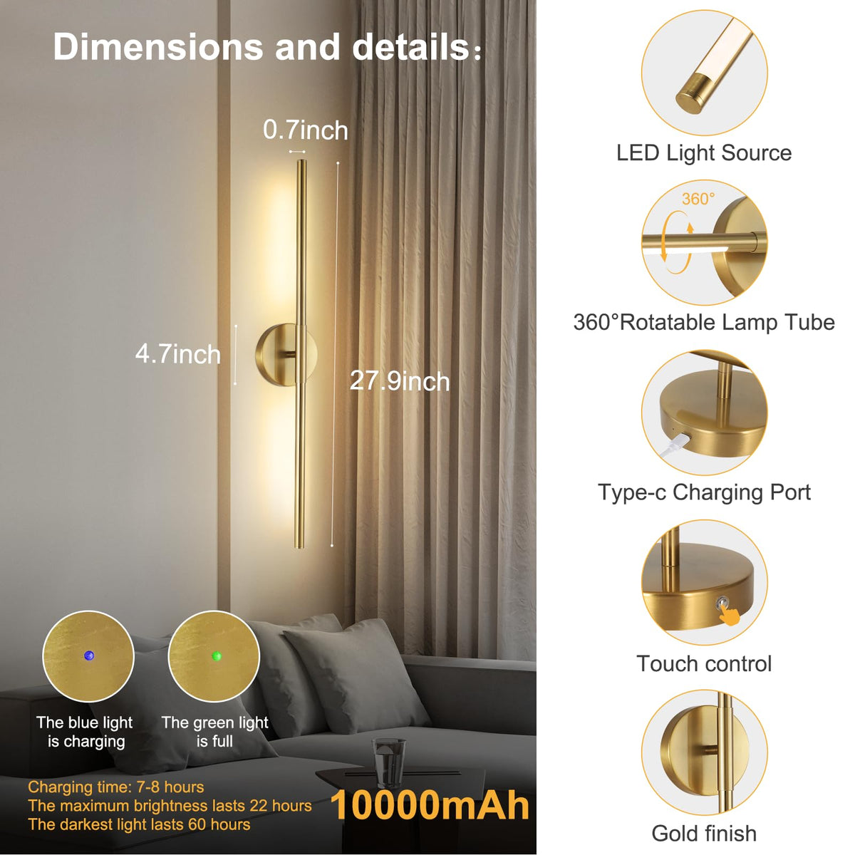 HOJOYRI wireless wall sconce gold with remote control for easy brightness and color options