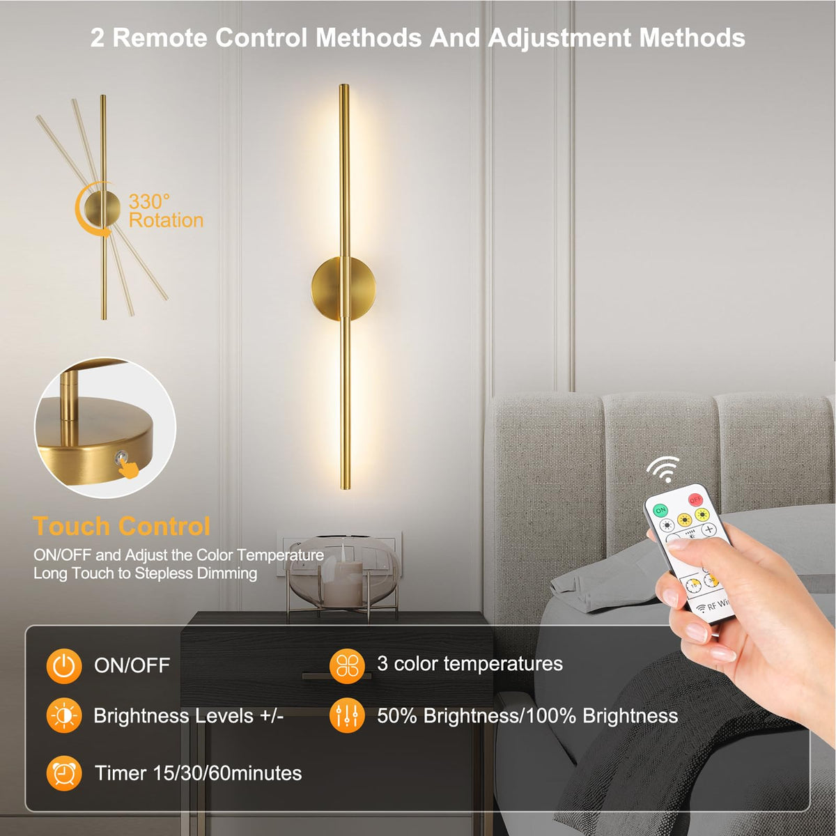 HOJOYRI wireless wall sconce gold vanity glow for bathrooms and bedrooms rotatable