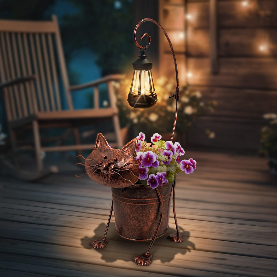 Hokfirm cat planter solar light outdoors, charming garden and path lighting