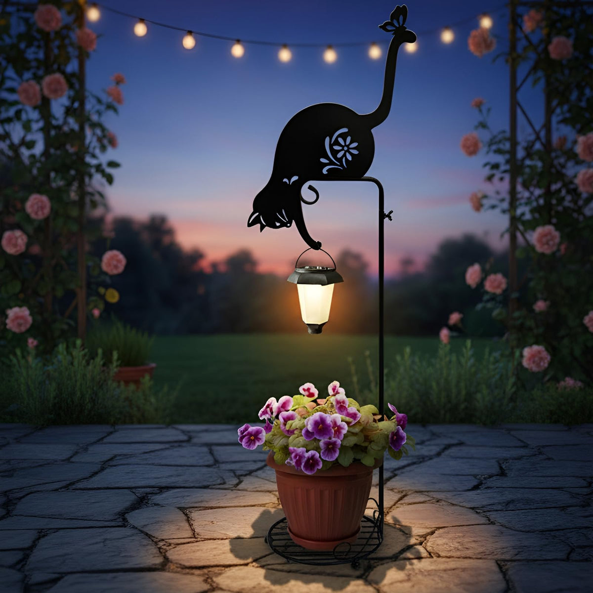 Hokfirm solar floor lamp with plant stand illuminating a cozy outdoor seating area.