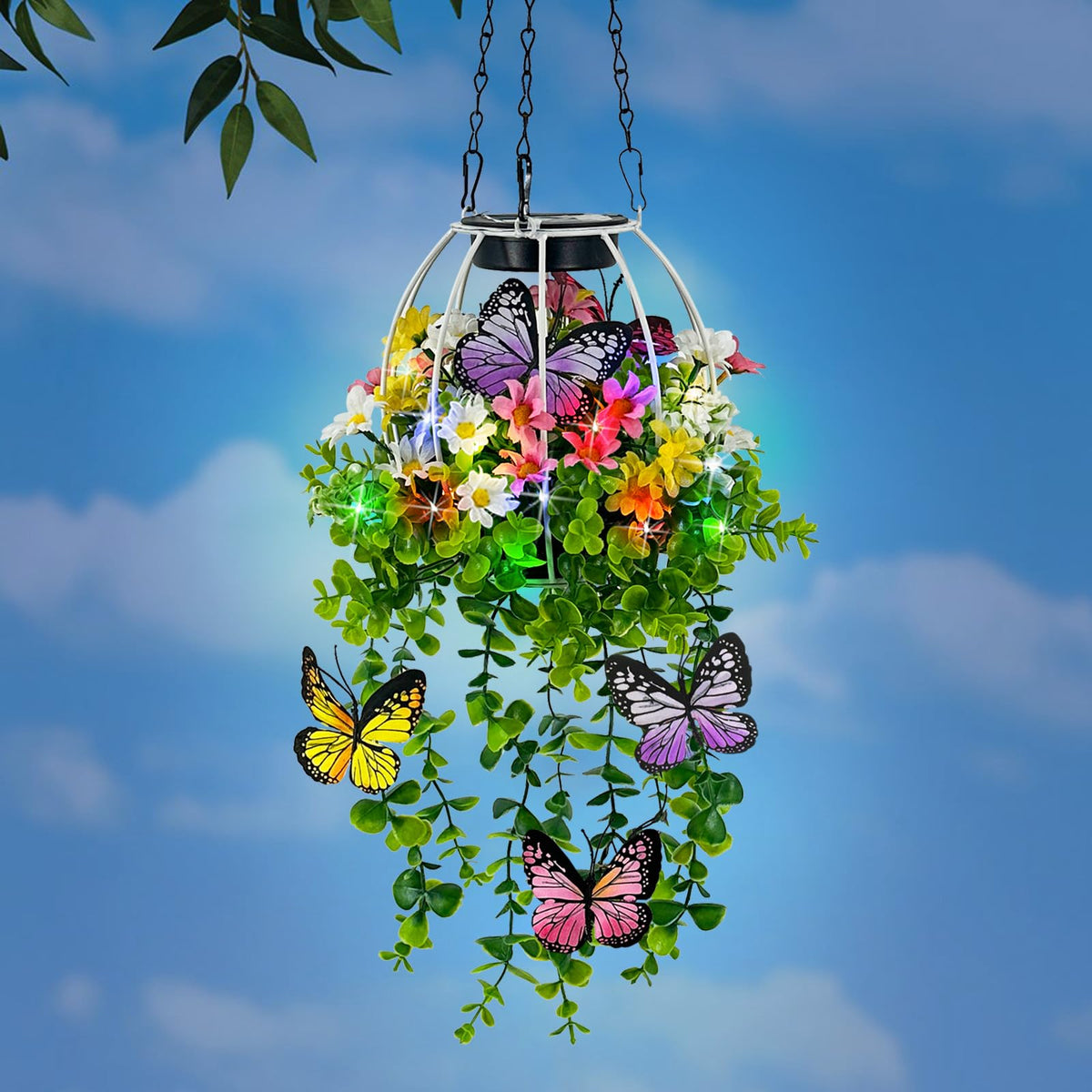 Hokfirm solar lantern butterfly detail enhances garden ambiance at dusk.