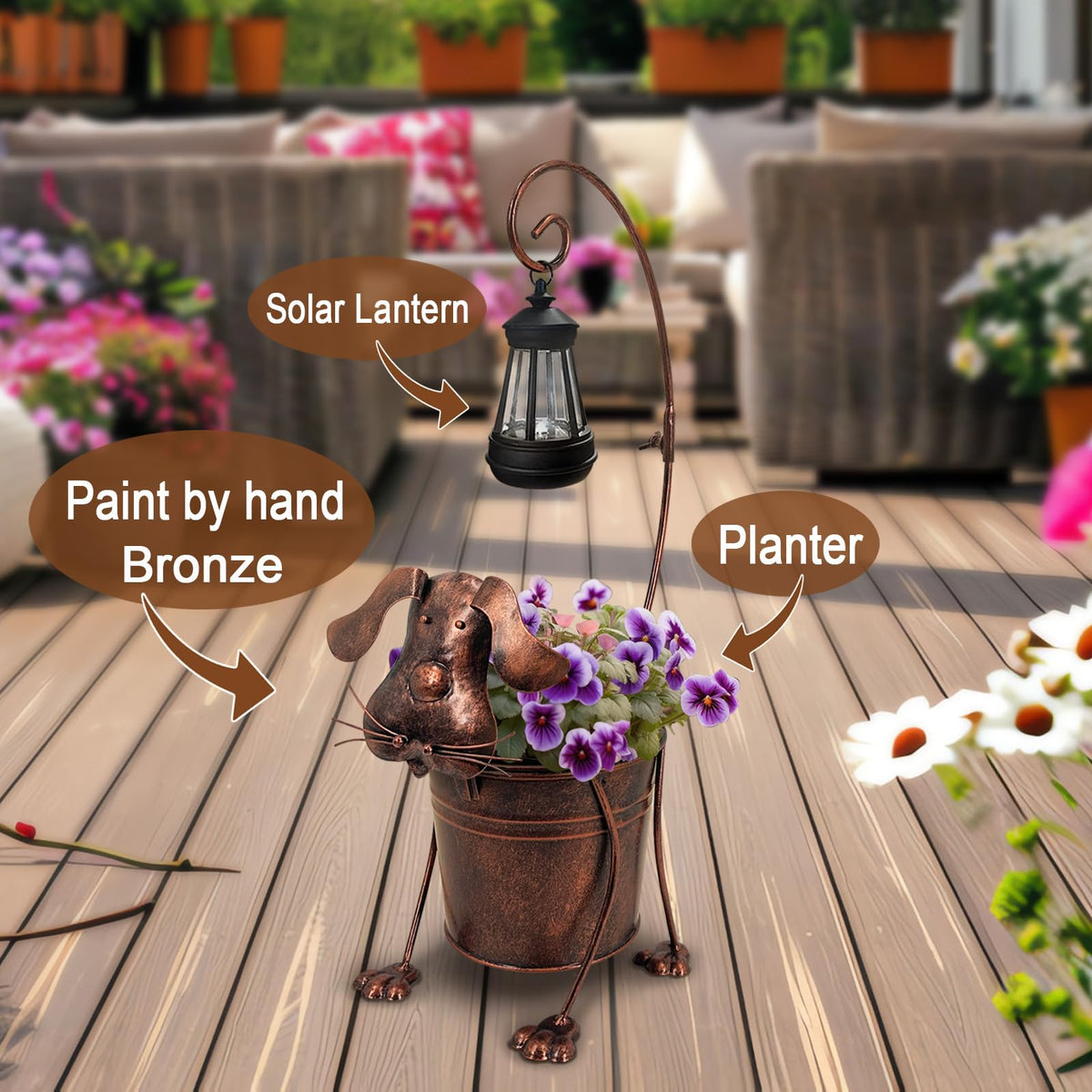Hokfirm patio decoration with dog ornament enhances curb appeal.