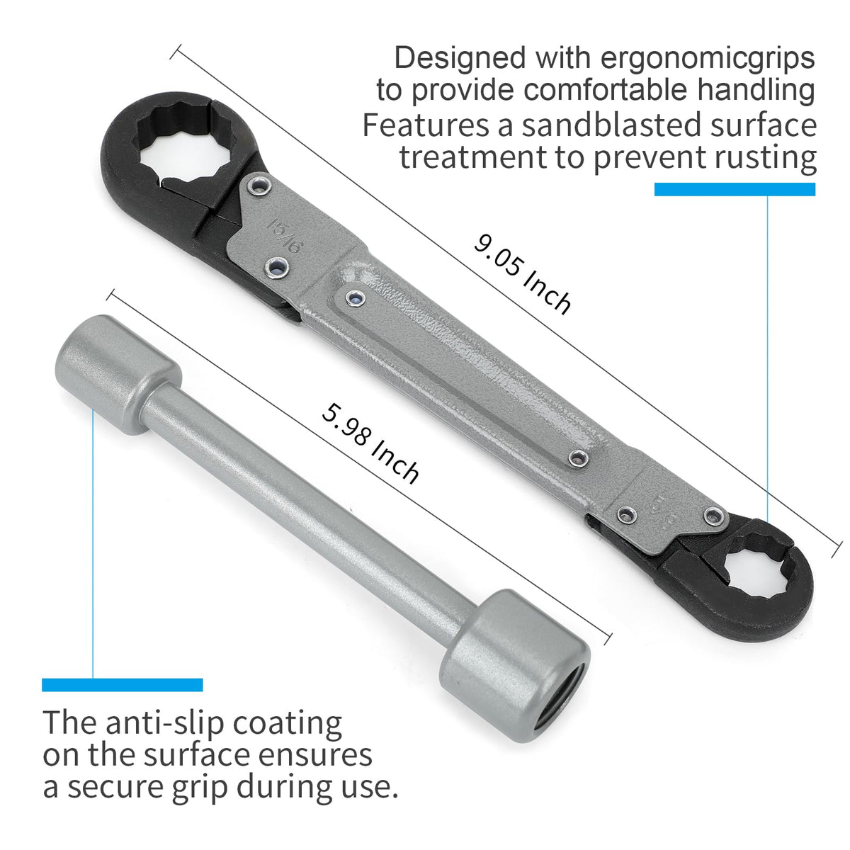 Holdly wrench adjusting nut sizes for fifteen sixteenths and five eighths inch nuts.
