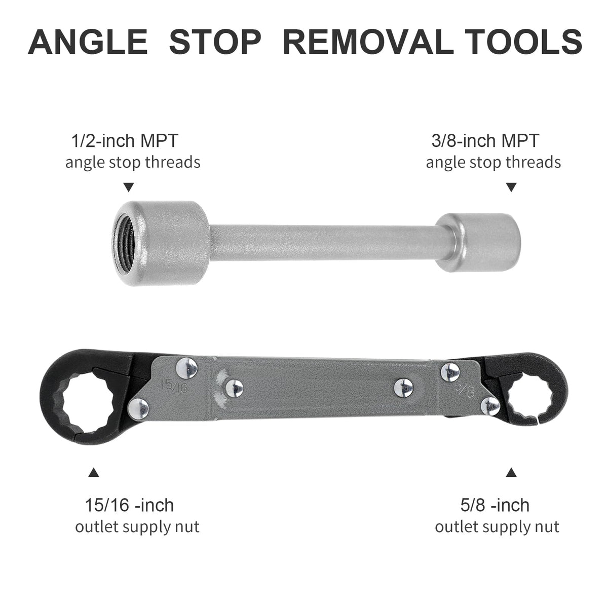Holdly angle stop wrench kit demonstrates three-eighths inch MPT compatibility for versatile connections.