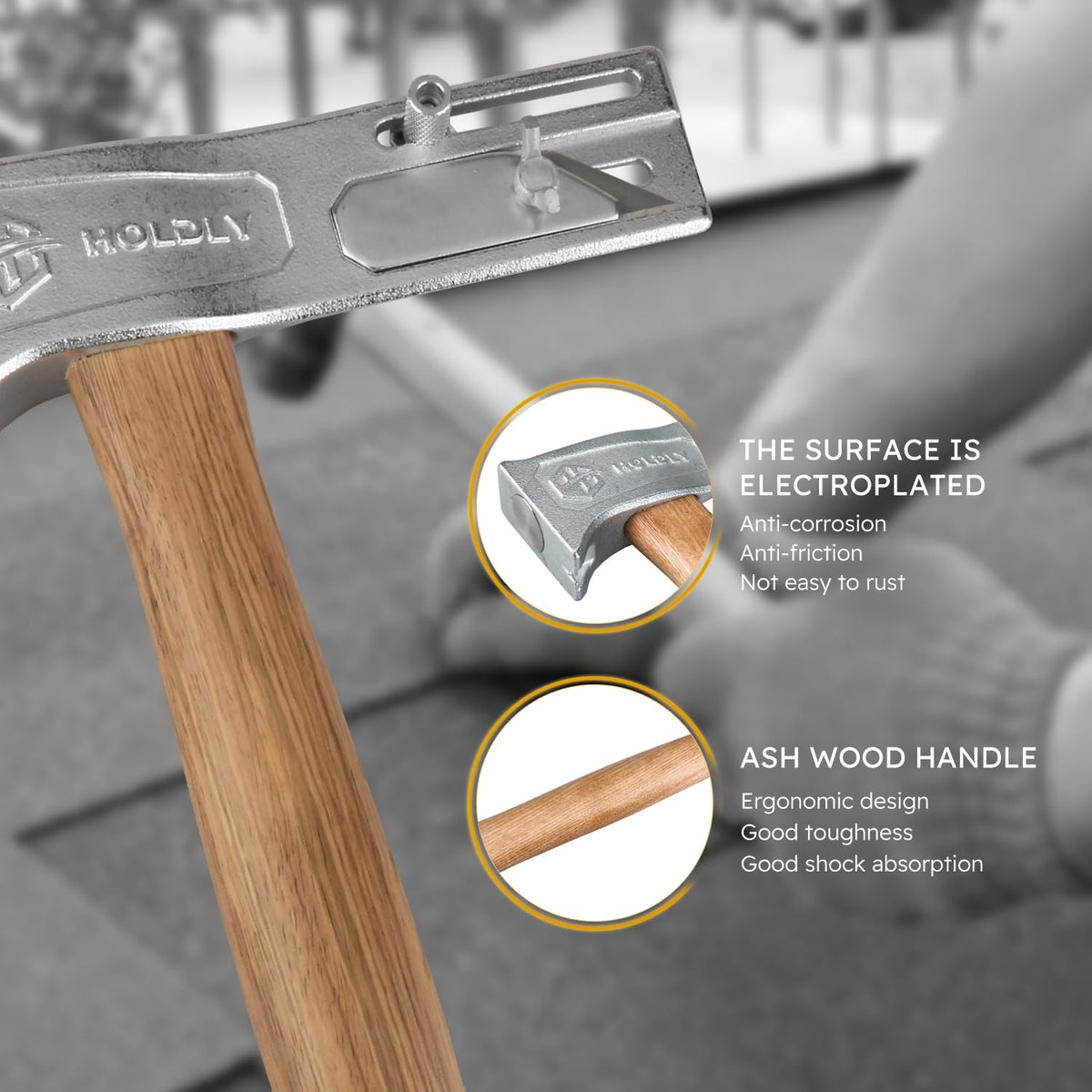 Holdly Roofing Hammer slide gauge illustrates precise measurements for roofing tasks