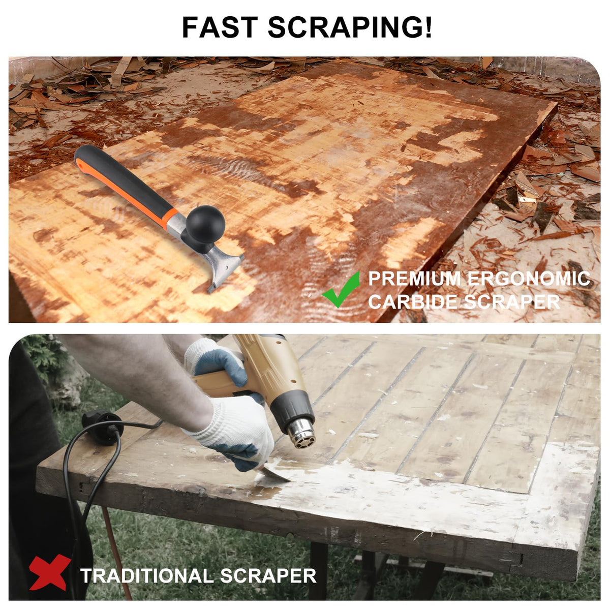 Holdly scraper ideal for multi-surface use on wood, metal, and glass.