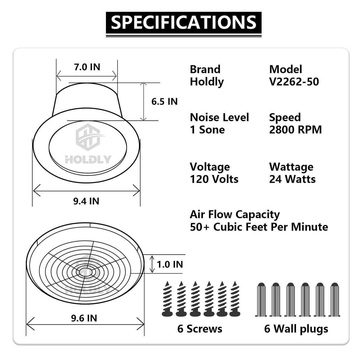 Motor duct area of Holdly V2262-50 for quiet airflow performance