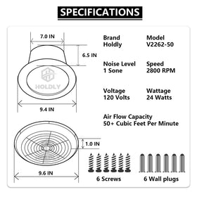 Motor duct area of Holdly V2262-50 for quiet airflow performance