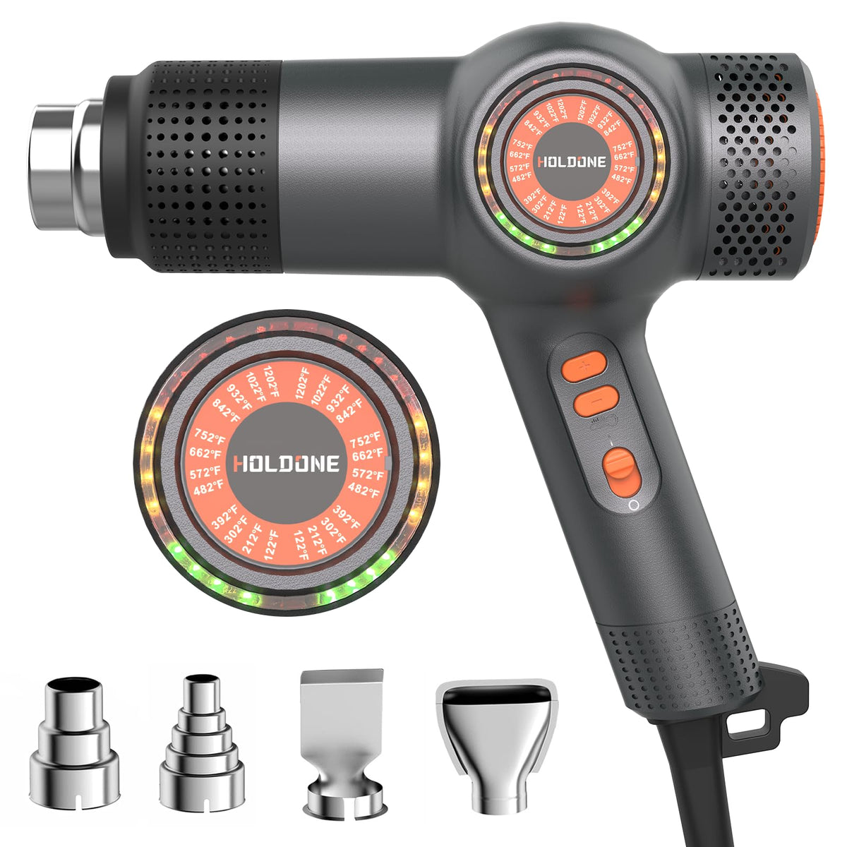 Holdone heat gun front view with LED display for quick temperature checks.