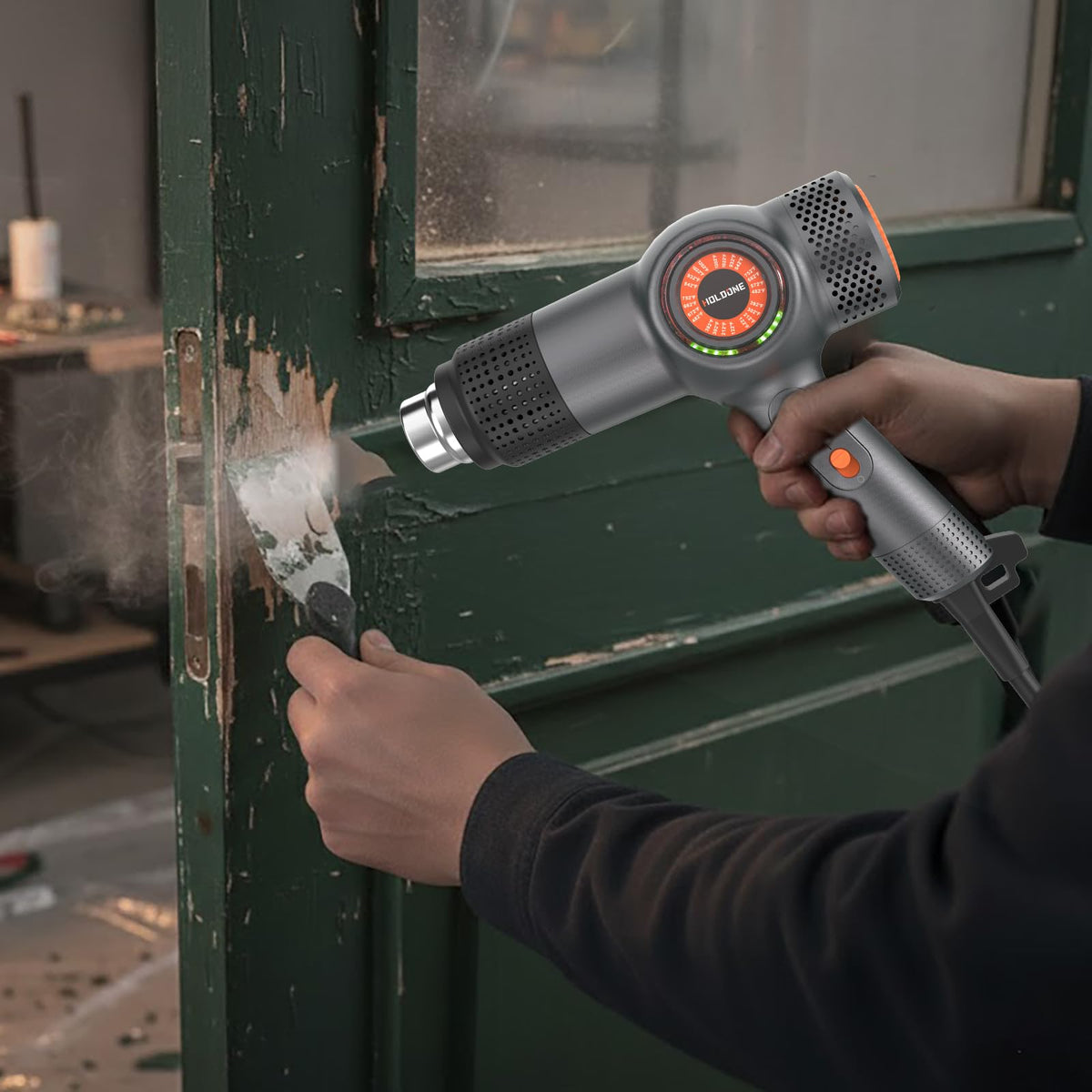 Holdone heat gun shows LED color temperature status for precise control.