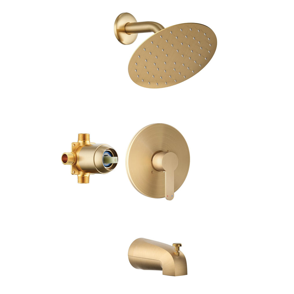 HoliSpa brushed gold tub shower faucet with 8-inch rainfall head for spa-like showers