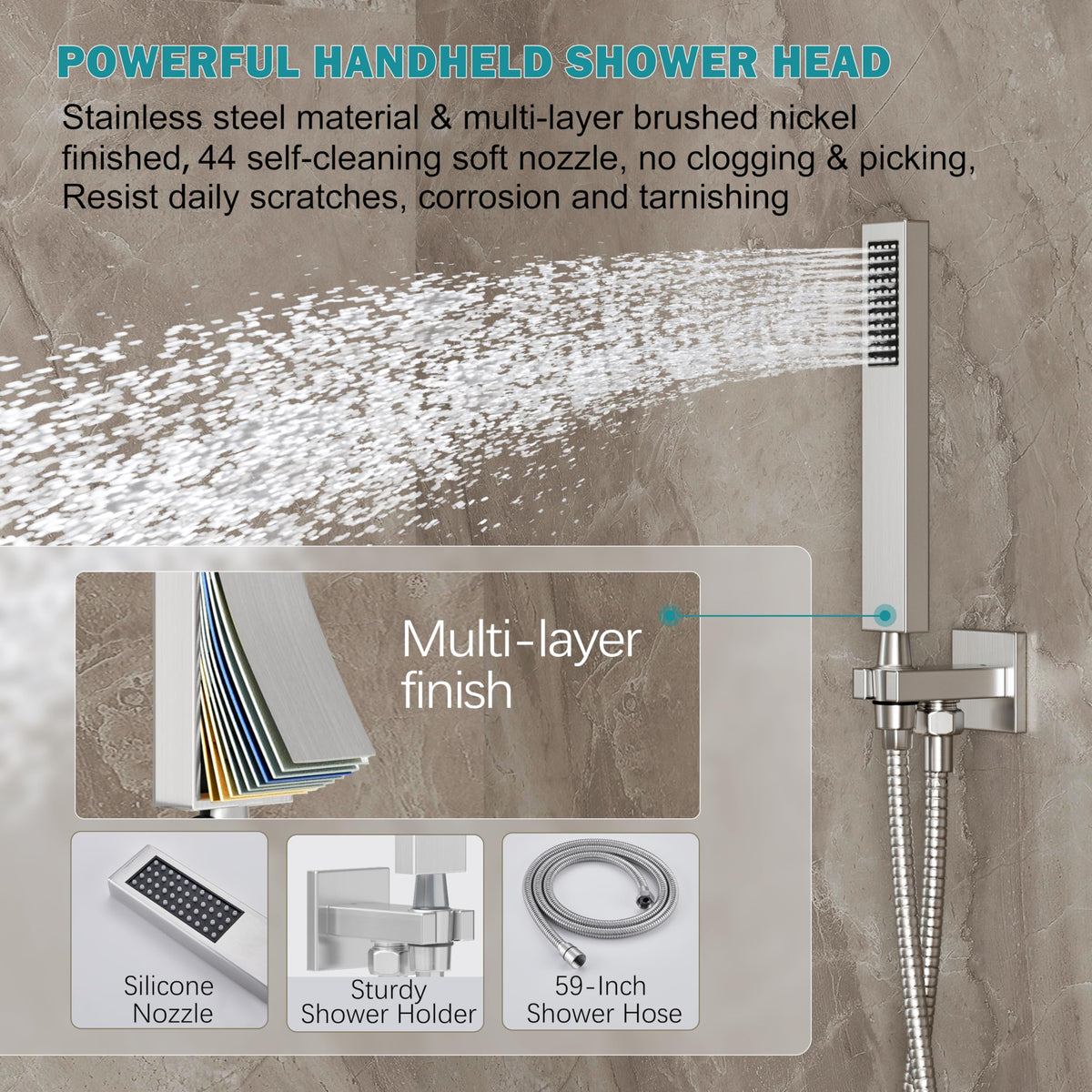 HoliSpa brushed-nickel shower arm complements wall-mount design