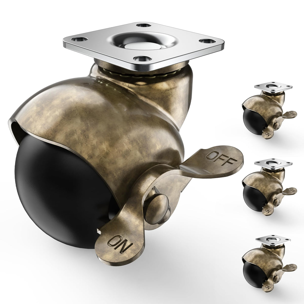 HOLKIE antique brass ball casters front view showing quiet mobility