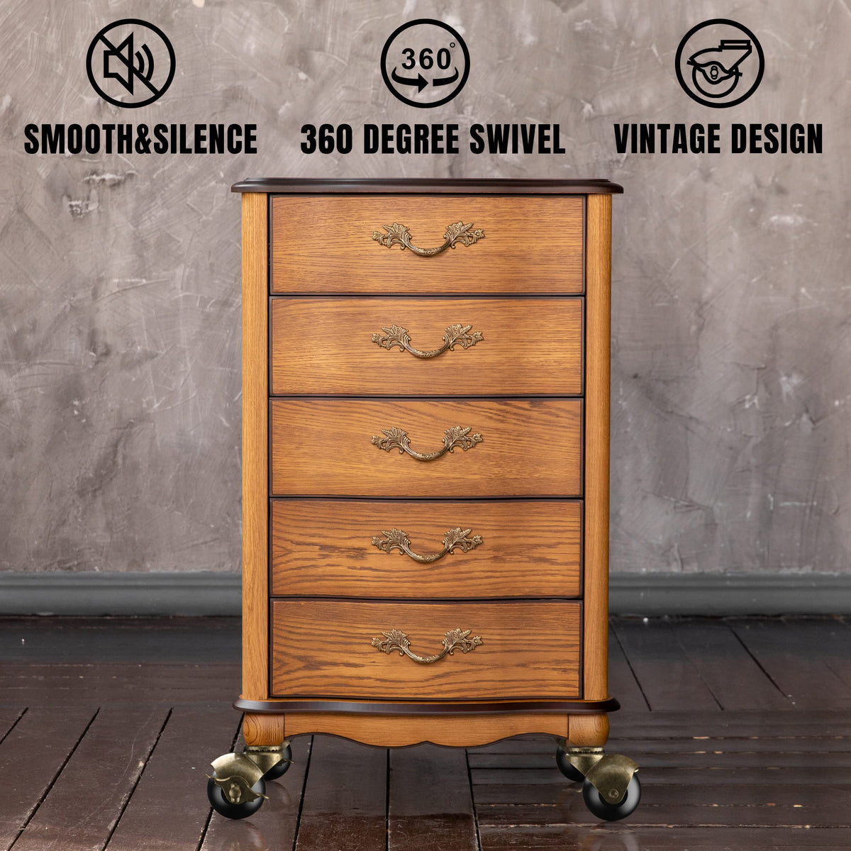 HOLKIE casters on cabinet illustrating easy mobility and protection