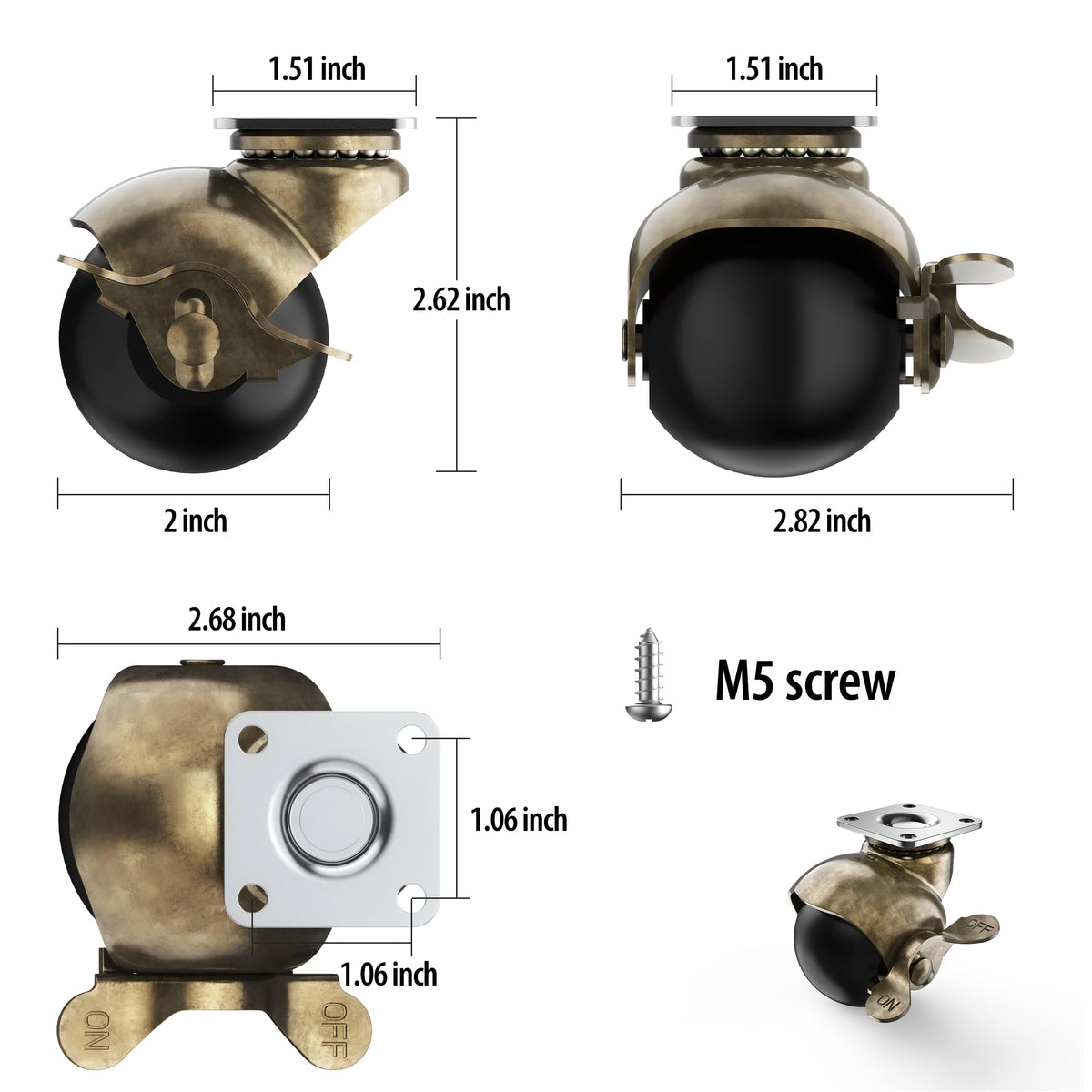 HOLKIE antique brass ball casters side view with 360-degree swivel
