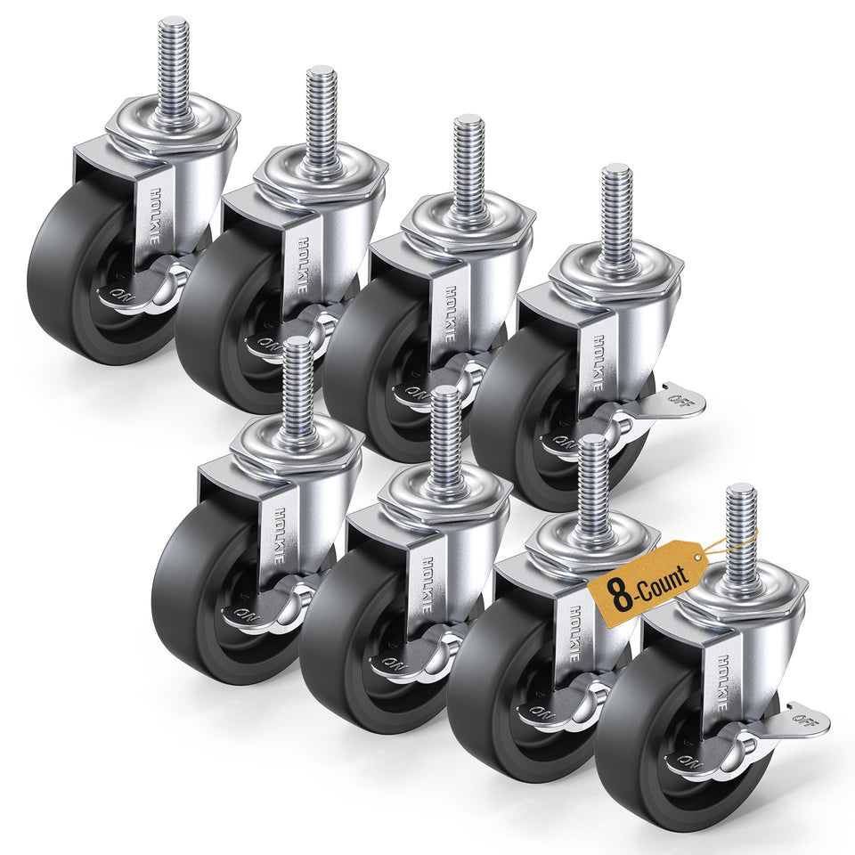 HOLKIE 3in locking caster wheels demonstrate secure, stable mobility for heavy workbenches.