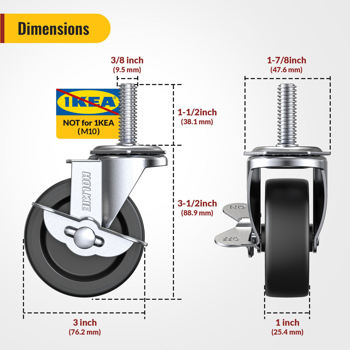 HOLKIE 3inch threaded stems fit 3/8-16 studs with secure mounting.