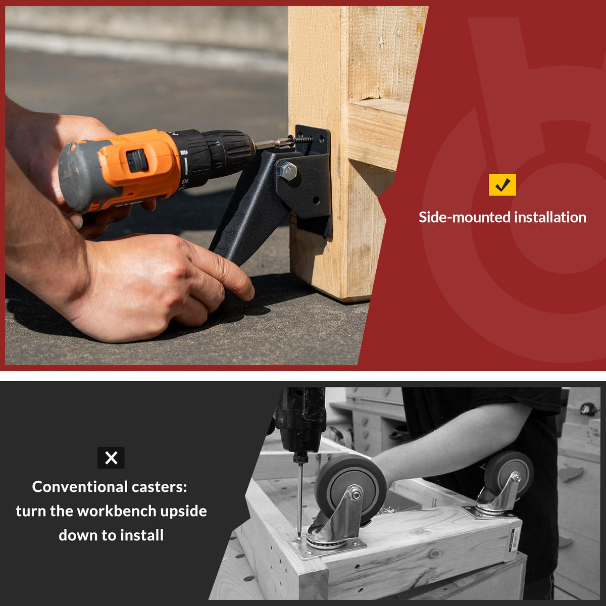 HOLKIE caster in lowered position saves space when not in use.