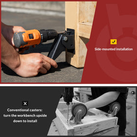 HOLKIE caster in lowered position saves space when not in use.