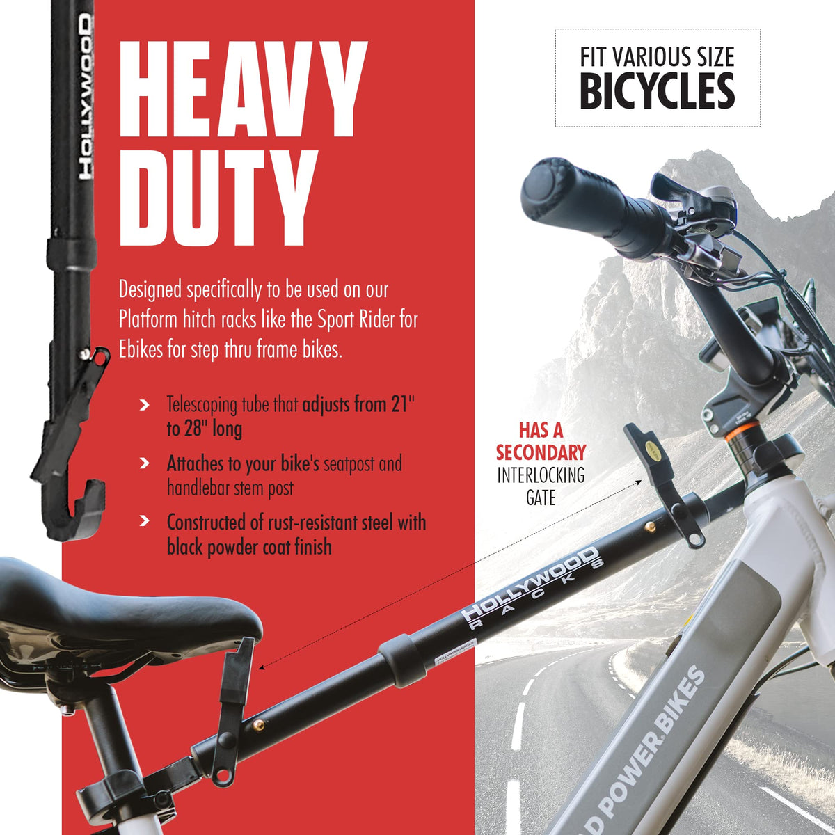Hollywood Racks Pro Bike Adapter Bar interlocking gate adds extra security during transport.
