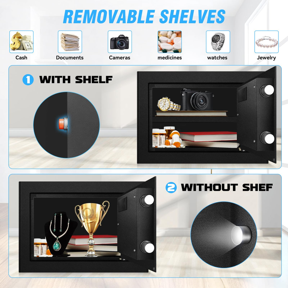 HOLOJOY interior with removable shelves adapts to documents, jewelry, electronics