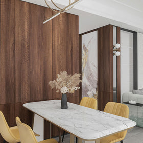 Holomey wood wallpaper on drawers and shelves creates cohesive storage spaces