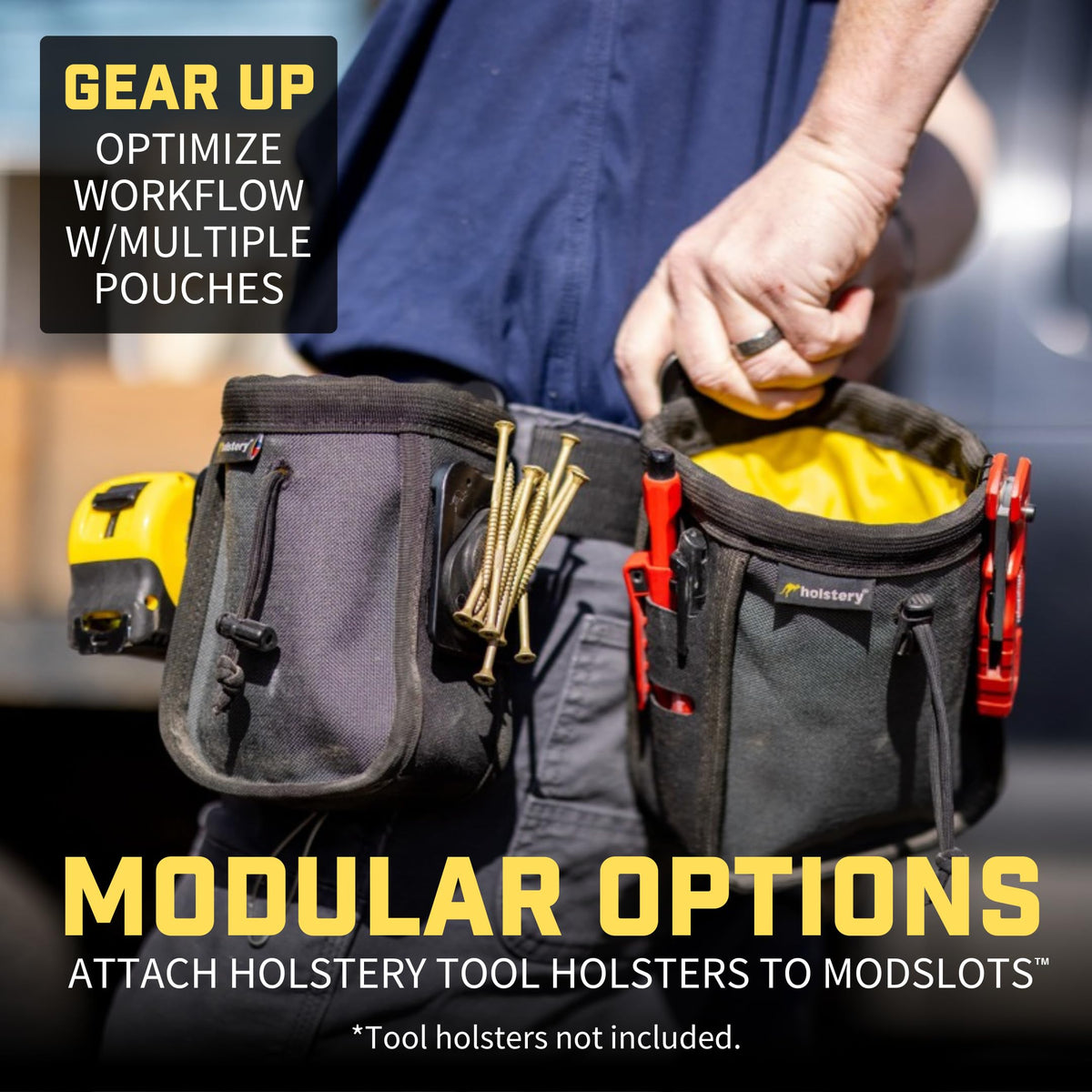 Holstery Big Joey Pro on jobsite—clips securely to belt.
