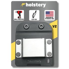 Holstery Drivermaster clip-on belt holds drill within reach for projects.