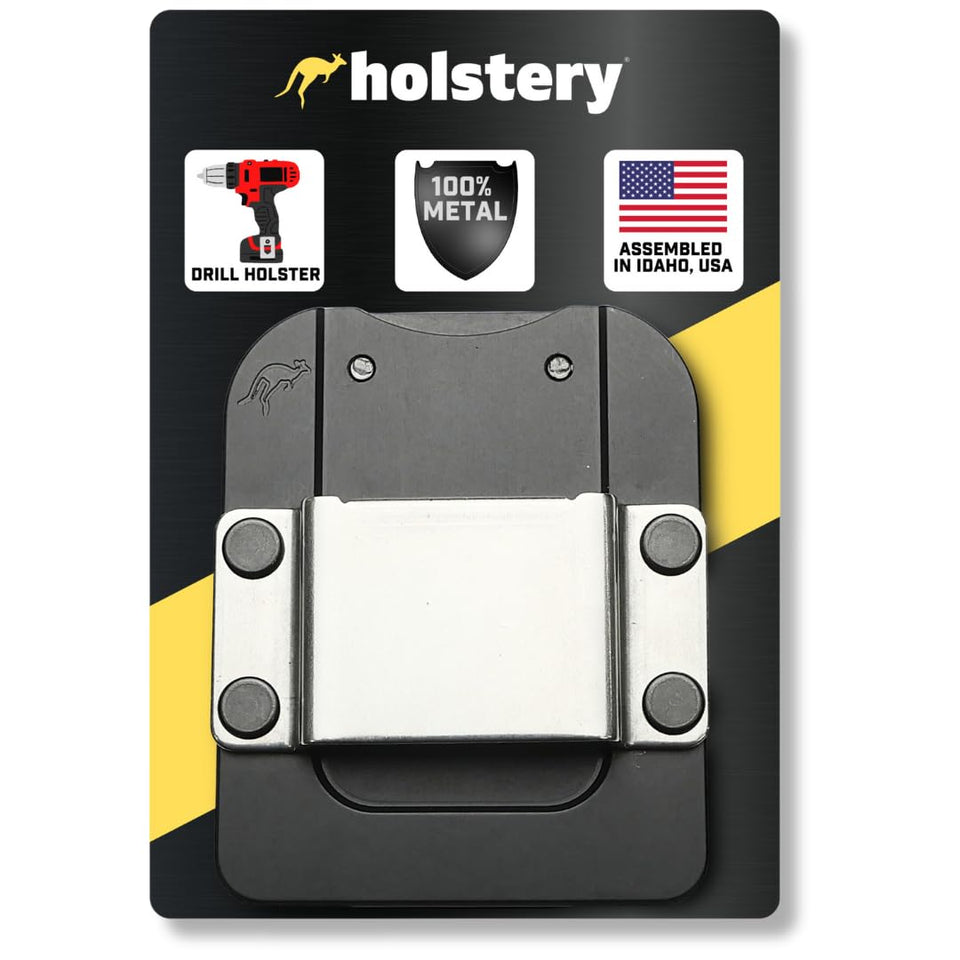 Holstery DriverMaster Pro belt clip-on shows secure drill carry for hands-free use